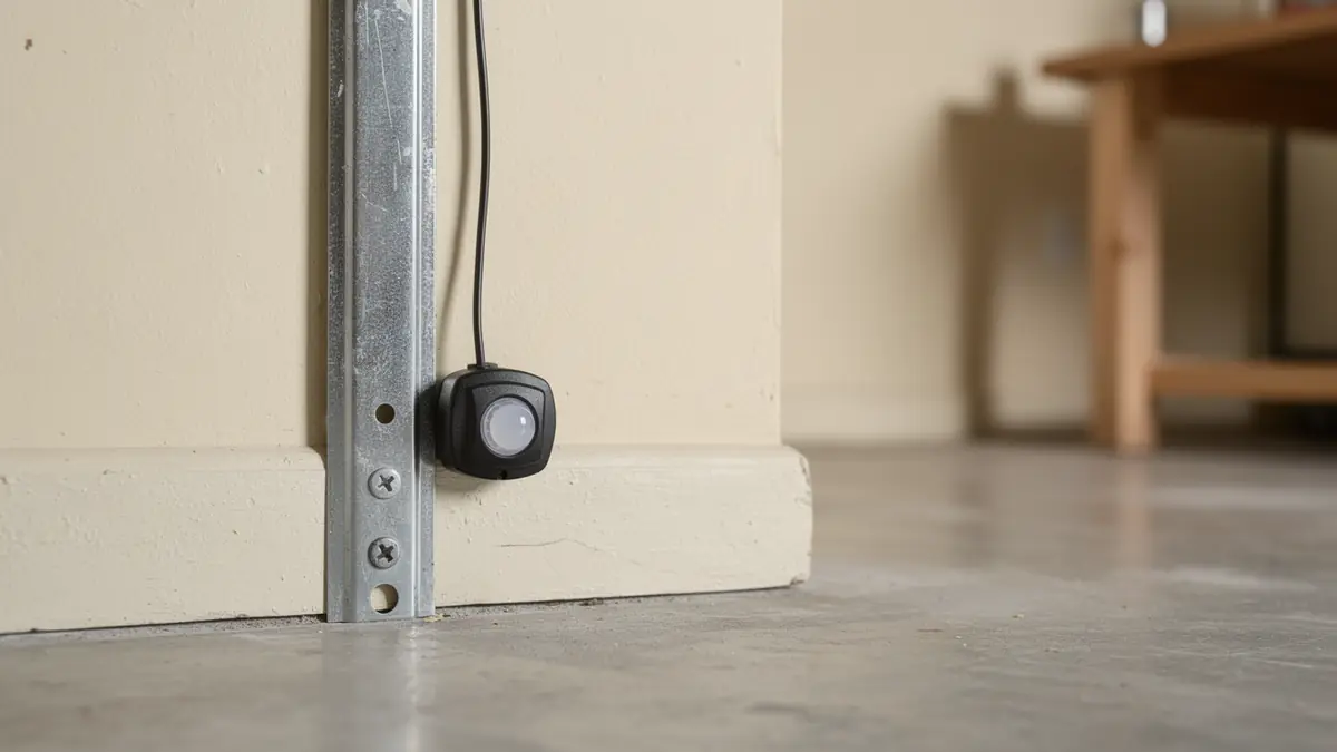 A garage door safety sensor is mounted on a metal track.