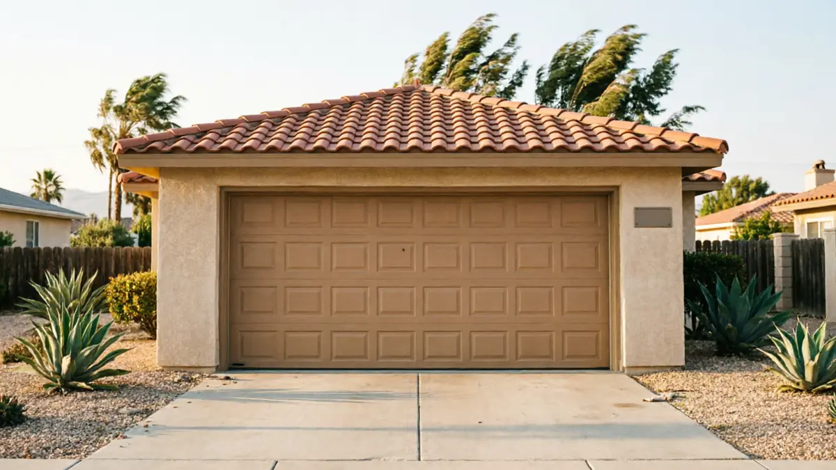 A brown garage door on a stucco garage with a red tile roof.