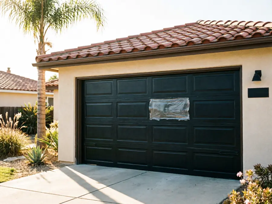 A black garage door with a covered window is on a tan house.