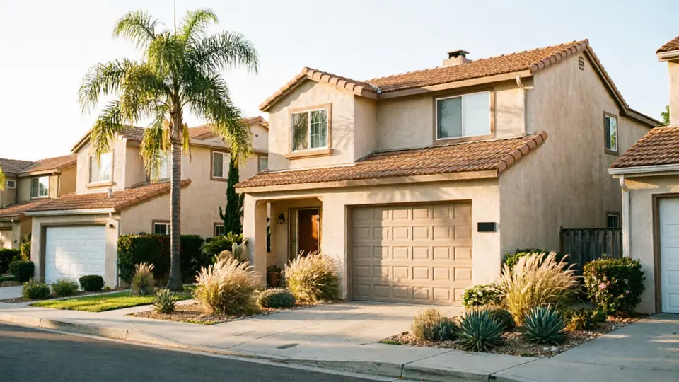 A beige house with a brown garage door and a palm tree in the front yard.